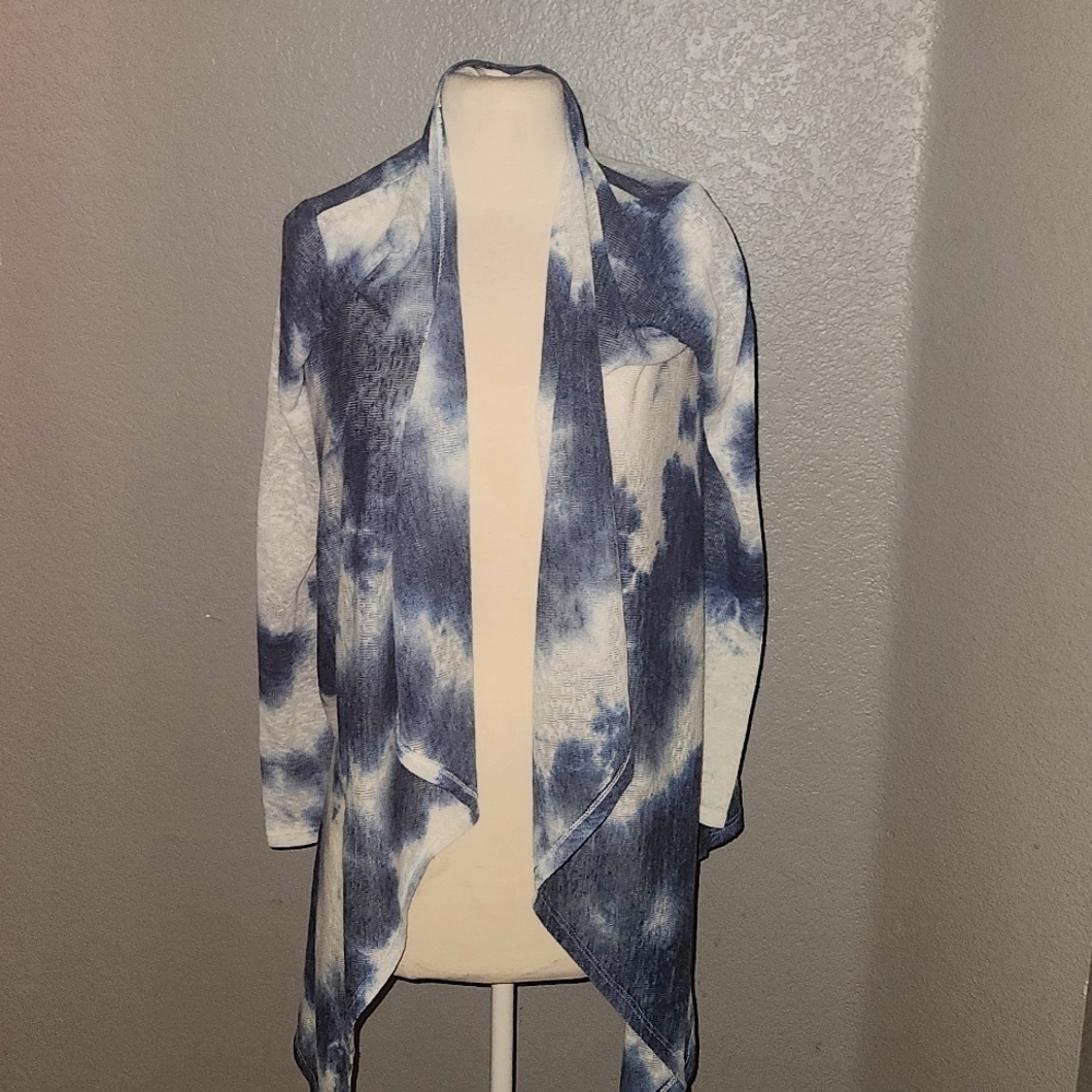 Veronica M Blue and White Tie-Dye Open Front Jacket